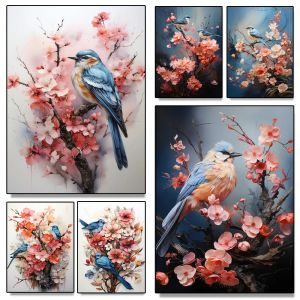 Cute Blue Bird Peach Blossom Flowers 3D Art Canvas Printed Wall Mural Posters Animal Ideal Living Room Modern Home Decor Cuadros