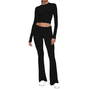 Kvinnors tvådelade byxor set solida färguppsättningar tights långärmad gröda topp och leggings 2024 Spring Casual 2 Outfits Tracksuit