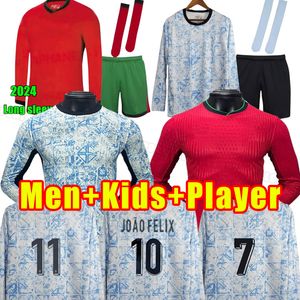 Manga longa 2024 25 Jerseys de futebol português Men Ronaldo Joao Felix Camisa de futebol Bernardo Camisa de Futebol Completa Kits Adultos Fãs Jogador Infantil