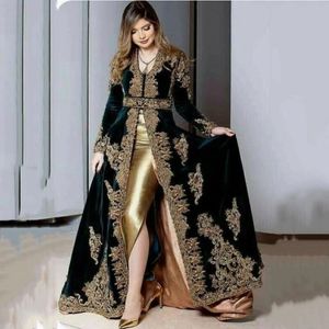 Moroccan Kaftan Elkadi Algerian A Line Velvet Evening Dresses Split Gold Appliques Lace Muslim Prom Formal Gowns Dubai Arabic Women Par 240r