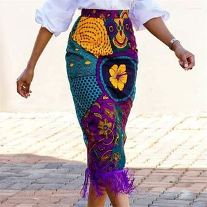 Skirts Ladies Summer Printed Skirt Retro Floral African Fashion High Waist Fringed Edge Elegant Moderate Bust Bag Hip Long