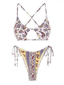 Women's Swimwear ZAFUL Floral Printed Ethnic Style Tie Side Criss Cross Star-shaped Bikini