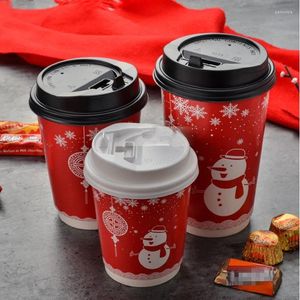 Kubki jednorazowe słomki 50pcs Red podwójny papier do ściany świąteczny Puchar Śnieżki Opakowanie Milk Herbata Kawa Picie