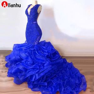 2022 New Year Organza Ruffles Skirt V Neck Royal Blue dresses Mermaid Prom Aso Ebi African Evening Gowns Party Gowns Robe De Soiree 191k