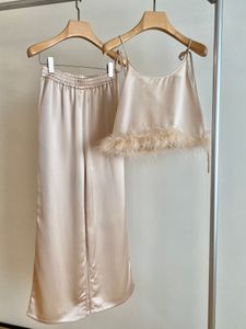 Spring and summer suspender ostrich hair wide leg pants set with beautiful holiday atmosphere