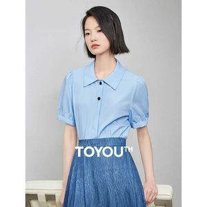 Blusas femininas camisas Toyouth Women Shirt Blouse 2024 Summer New Polo Decoh Buff Slves Short Slves elegantes tops azuis Y240510