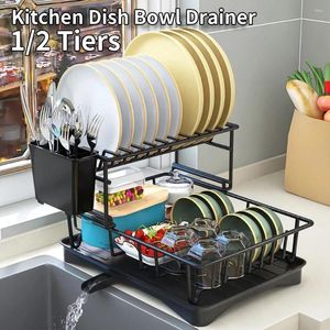 Kitchen Storage 1/2 Tier Dish Drying Rack Adjustable Plates Organizer With Drainboard Over Sink Countertop Cutlery Holder