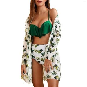 Kvinnors badkläder Micro Bikinis Set Women Three Piece Swimsuit Floral Printed Tankini Summer Cover Up Beach Suits Female Monokini