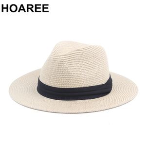 Hoaree Vintage Panama Hat Men Straw Fedora Male Sun Sun Sun Sun Sun Hat Women Summer Beach British Style Chazz Trilby Cap Sombrero 240514