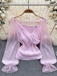 Frauenblusen französische schicke Bluse Frauen Perlenhalter Halsnetz purer Laternenhülle Frau Blusas de Mujer Chiffon Eleganter Tropfen