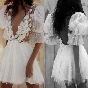 Chic White Prom Dresses with Short Sleeves Luxury Beaded Pearls Sexy Deep V Neck Backless Tulle A Line Handmade Flowers Cocktail Party 217i