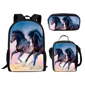 Школьные сумки бег лошадь 3pcs/set 3D Книга для печати животных рюкзак с большими возможностями подростки девочки.