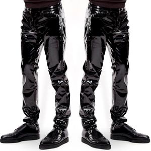 Mężczyźni Faux skórzane spodnie PVC Spodnie długie błyszczące klub noszenie punka gotycka czarna szczupła fit spodne