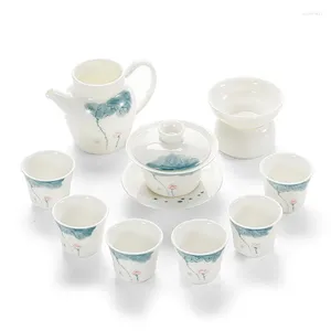 Zestawy herbaciarskie Chiny biały ręcznie malowany ceramiczny zestaw herbaty biuro baranina tłuszcz Jade Porcelain Teapot pokrywka