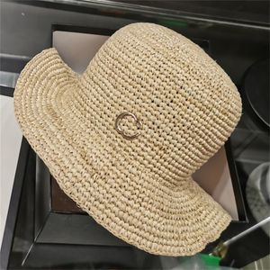 비치 밀짚 모자 패션 디자이너 여성용 남성용 버킷 모자 Casquette Raffia wide brim 모자 잔디 끈 sunhat