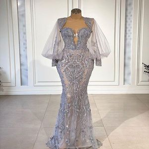 Luxury Mermaid spets aftonklänningar med pärlor långärmad promenad klänning applicerade formella festklänningar pageant wear skräddarsydd vestido de novi 286t