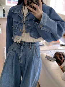 Kurtki damskie Chille dżinsy dla kobiet 2024 Koronkowe patchwork luźne dżinsowe płaszcze z długiego rękawu