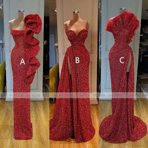 Sparkly Sequin Red Long Evening Dresses 2020 Mermaid Sleeveless Sexy High Side Slit African Black Girls Formal Party Prom Gown 266n