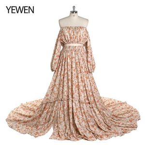 Moderskapsklänningar eleganta tvådelar blommor tryckt bomullskvinnor lång kjol Photoshot klänning yewenl2405