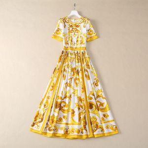 2024 Summer Yellow Paisley Print Bomullsklänning Kort ärm Rund halspanelpanel Långa maxi Casual Dresses S4W140509