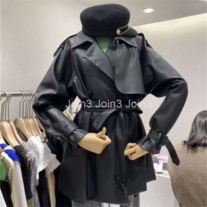 New womens cool fashion turn down collar loose retro sashes PU leather medium long coat casacos