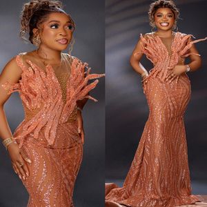 Aso Ebi 2024 Coral Mermaid Prom Dresses Florals Beaded Sequined Evening Party Formal Second Reception Birthday Enagement PromDress Gowns LF034