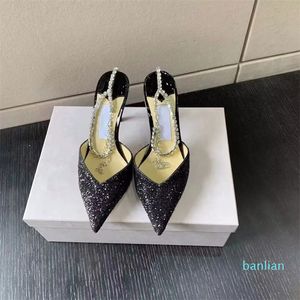 2024 Crystal Pink Tradient Stiletals Stiletals for Women Diamond Designer Chain Strap Thin Thin High Cheel Shoes Luxury Bling Ladies Pumps Saeda