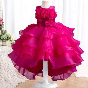 Girl's Dresses 3-12T Girls Birthday Communion Party Beaded Flower Tail Fluffy Dress New Girls Brodered Sequin Tail Wedding Dress Y240514