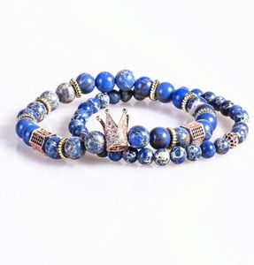 2pcsset Bead Bracelet Crown Charm Bangle Natural Blue Emperor Stone Beadsbuddha for Women and Mens Pulseras Masculina1853397
