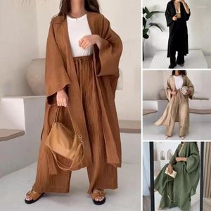 Women's Two Piece Pants 2024 Ramadan Satin Cardigan Modest Dress Arab Women Open Abaya Dubai Islamic Long Sleeve Clothing Turkey Plain Robe