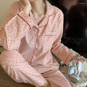Hemkläder kvinnors pyjamas höst våren lång ärm mjuk sömnkläder set rosa blommig tecknad pyjama kvinna nattkläder kofta