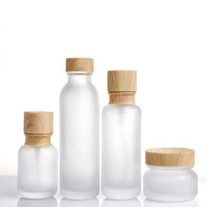 Bottiglie di crema in vetro smerigliato in vetro rotondo barattoli cosmetici bottiglia per lozione per lozione a mano con tappo a grana in legno vbqdx kbrdd
