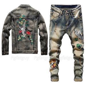 Retro Blue Tracksuit Spring Autumn Embroidered Crane Mens 2st Pant sets Fashion Slim Fit Denim Jacket and Stretch Jeans 240428