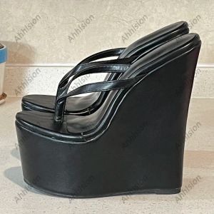 Handmade Women Summer Platform Sandals Slip On Wedges High Heels Round Toe Black Party Shoes US Plus Size 4-15