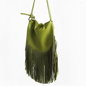 Bag Vintage Frauen Schulter Designer Quaste Green Echtes Lederhandtasche Retro Fringe Ladies Geldbörsen