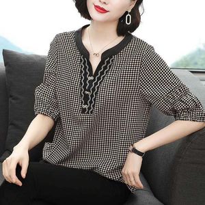 Women's Blouses Shirts Women Spring Summer Style Blouses Shirts Lady Casual Loose Style V-Neck Half Lantern Slve Plaid Printed Blusas Tops Y240510