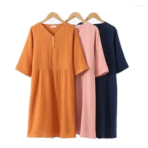 Frauen Nachtwäsche 2024 Sommer Baumwoll halbärmelige Nachthemd Zuhause Einfacher Plus-Größe Crepe Gaze Sleepshirts Langes Kleid