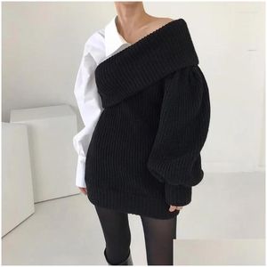 Grundläggande avslappnade klänningar koreanska chic falska tvåstycken miniklänningar kvinnor elegant mode stickatwork hög midja mantel femme långa plover dr dh0ym