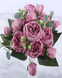Fiori artificiali di seta rosa da 30 cm di seta artificiale Bouquet 5 Big Testa e 4 Bud Flowers finti a buon mercato per la decorazione del matrimonio in casa Indoor1781805