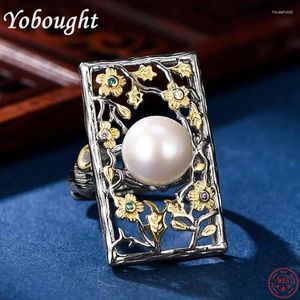 Cluster Rings S925 Sterling Silver For Women Fashion Freshwater Pearl Vintage Ethnic Style Hollow fyrkantig fönsterblomma smycken