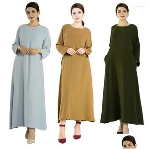 Ethnic Clothing Islamic Woman Long Loose Dresses Ladies Modest Black Muslim Women Dress Turkish Uae Dubai Simple Style With Pocket D Dhbtw