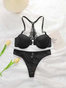 Bras Sets Sexy Black Patchwork Lace Lingerie With Front Button Womens Push Up Bra Showcasing Your Beautiful Back 2-piece Set J2508 Y240513