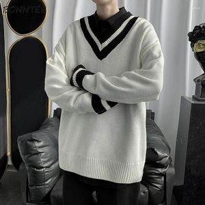 Men's Sweaters Men V-neck Pullovers Long Sleeve Couple Loose Casual All-match Knitted Clothes Spring Autumn Preppy Spliced Jumper Male