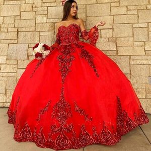 Sparkly Red paljetter quinceanera klänningar älskling bollklänning söt 16 prom klänningar vintage tävlingsfest klänning mexikansk vestido de 15 ano 232y