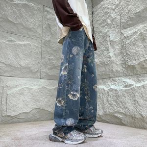 Baggy Flower Jeans Mens Fashionable Ultra-Fine Wide Leg Jeans Mens Street Clothing Hip-Hop Loose Straight Denim Pants Mens Byxor S-XL 240428