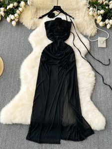 Повседневные платья SSTSS Женщины летние черные платья без бретелек Сексуальное 3D цветочное украшение вырезано спереди без рукавов Slim Split Long Pare Beach