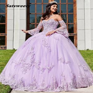 Lavender Lace Beaded Ball Gown Quinceanera Dresses Sweetheart Neck Tulle Appliqued Prom Gowns With Wrap Sweep Train Sweety 15 276w