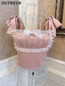 Frauen Tanks Girly Prinzessin Bowknot Gurt Pearl Spitzenschnur Selvedge Show Nabelschnelle Kurzweste ärmellose süße Mädchen Crop Tops