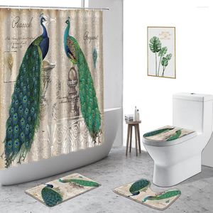 シャワーカーテン3Dピーコック印刷防水カーテン美しい動物バスルーム4ピースセットアンチスリップカーペットトイレカバーバス