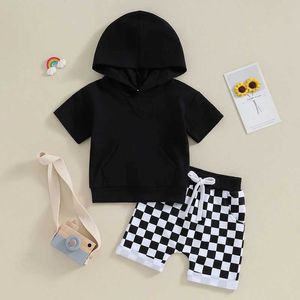 衣類セット0-36ヶ月幼児の男の子夏の衣装ソリッドカラーフード付きTシャツトップと格子縞の弾性ウエストショーツボーイズ2PCS服セット